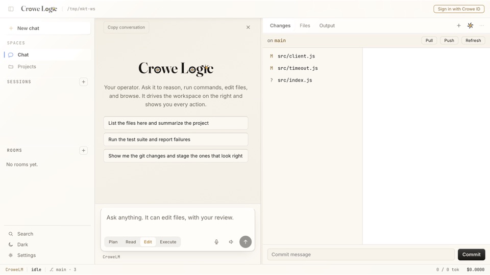 Crowe Logic desktop: a chat turn with the proposed changes listed for review