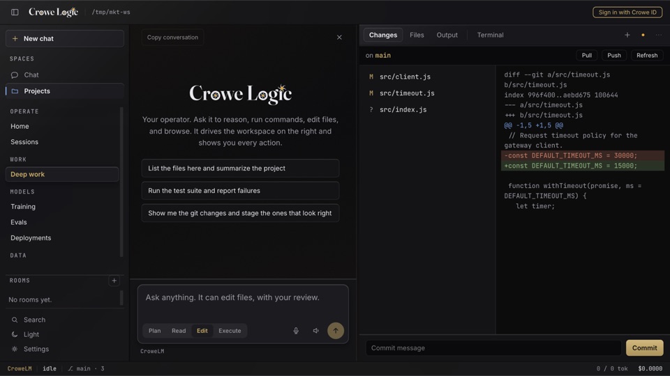 Crowe Logic desktop: a diff view of an agent edit before it is applied