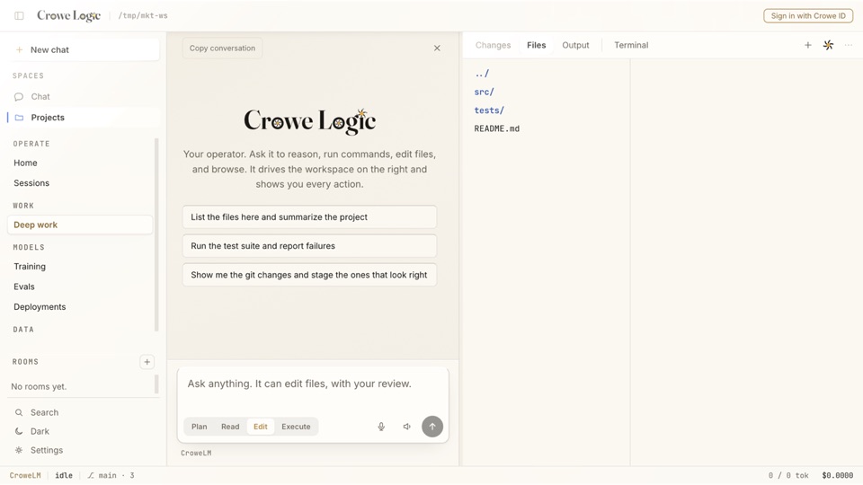 Crowe Logic desktop: the file tree of a repository beside the agent